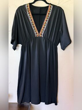 Black V-Neck Dress with Colorful embroidered trim boho